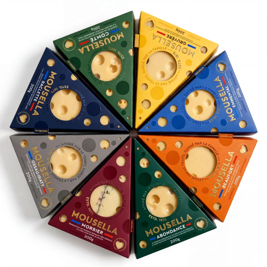 Mausella Cheese Packaging Different cheese types (Comte, Gruyere, Raclette, Emmental, Ossau-Iraty, Morbier, Abondance, Beaufort)