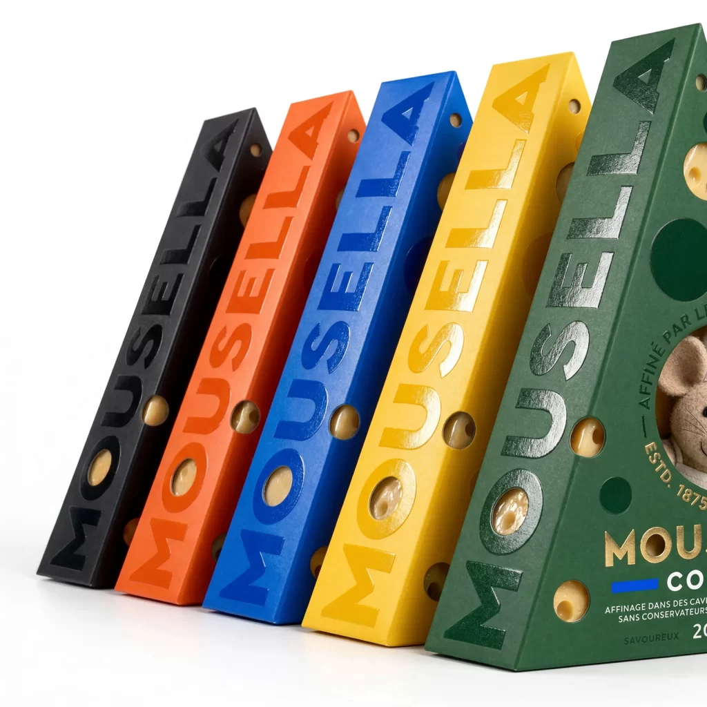 Mausella Cheese Packaging Color variants (black, orange, blue, yellow, green)