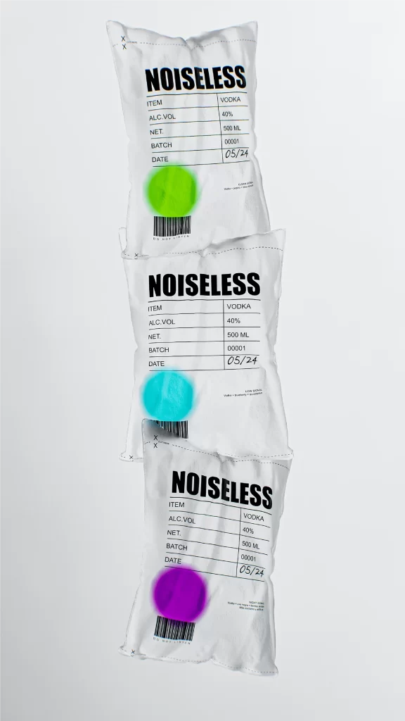 Noiseless Vodka Packaging Flavor variants (indicated by colored circles: green, blue, purple)