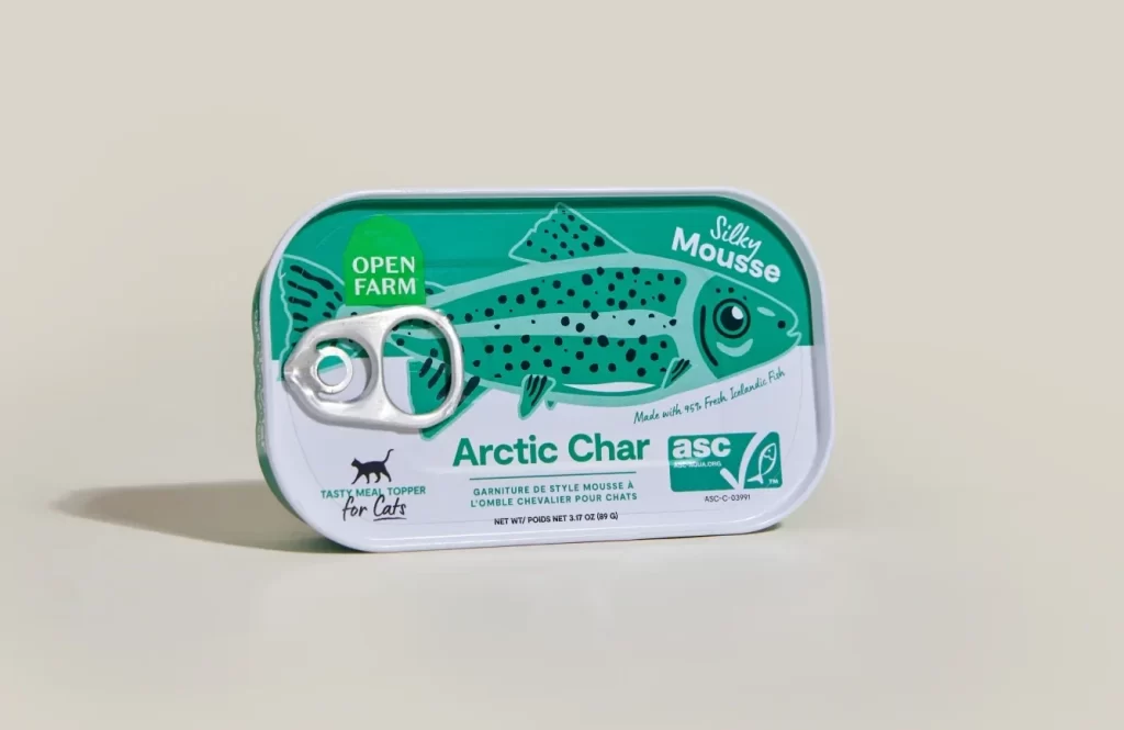 Open Farm Arctic Char Silky Mousse Green and white Cat Food Packaging