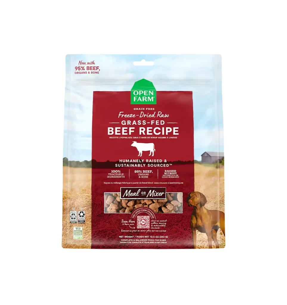 Open Farm Grass-Fed Beef Recipe Freeze-Dried Dog Food Packaging