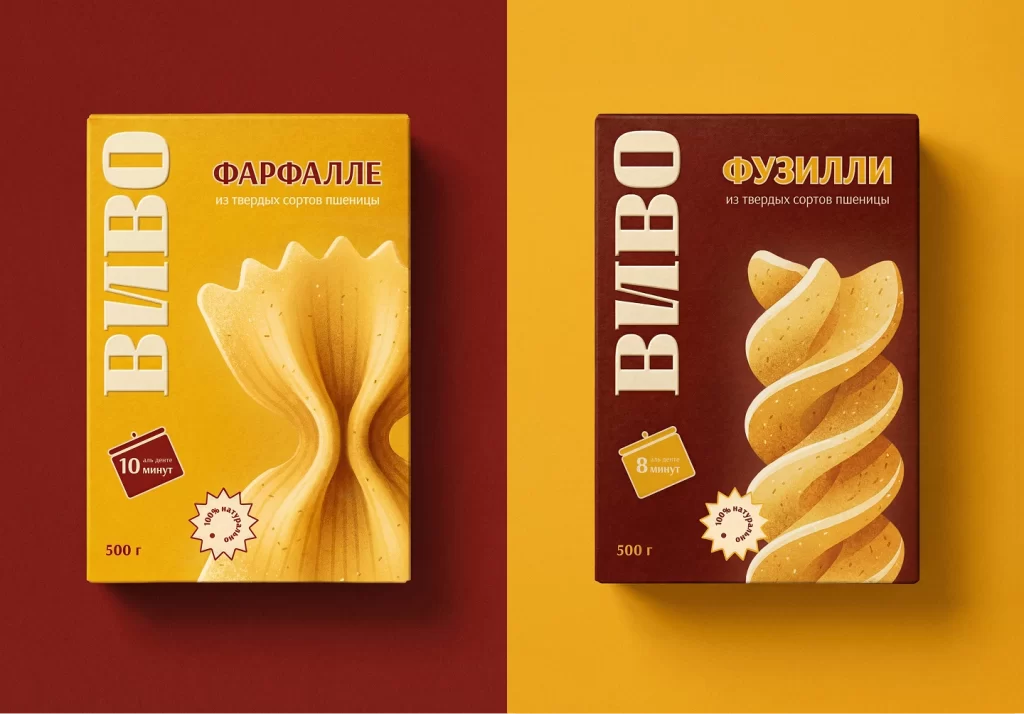 Vivo Pasta Packaging Farfalle (left) and Fusilli (right) pasta types