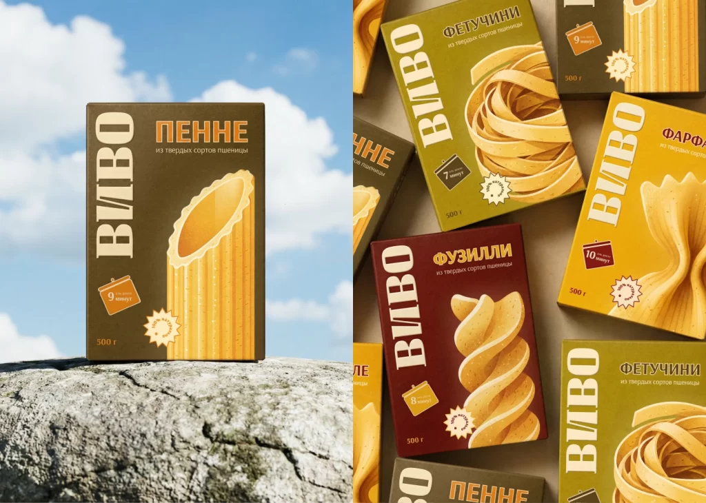 Vivo Pasta Packaging Different pasta shapes (penne, fettuccine, fusilli) with distinct color-coded packaging