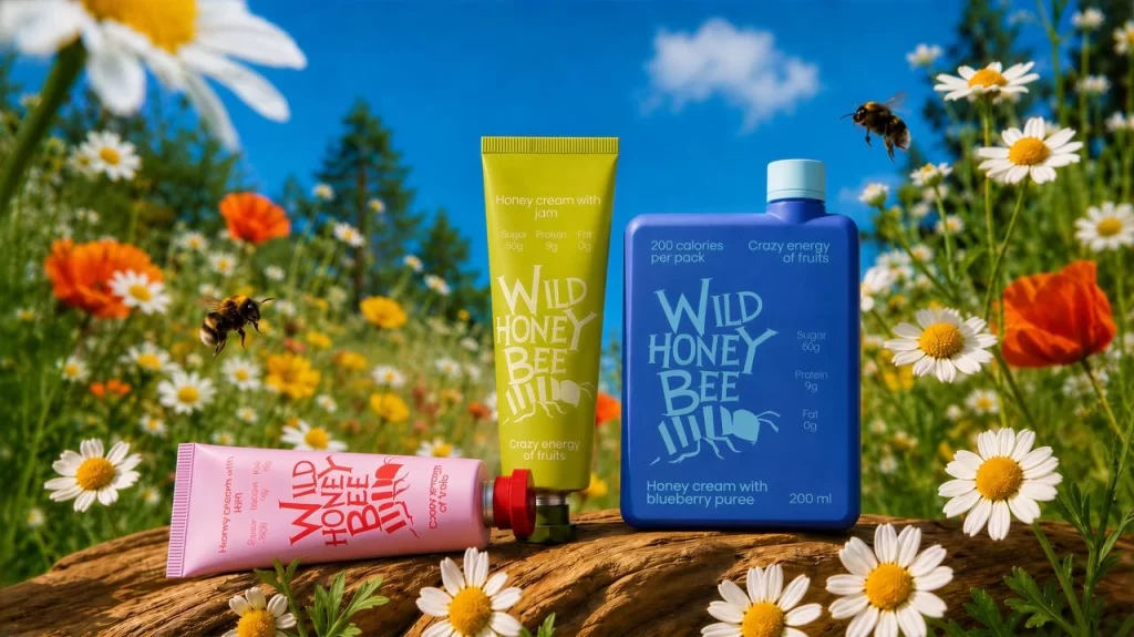 Wild Honey Bee Honey Cream Flavors: pink (jam), yellow (jam), blue (blueberry puree)