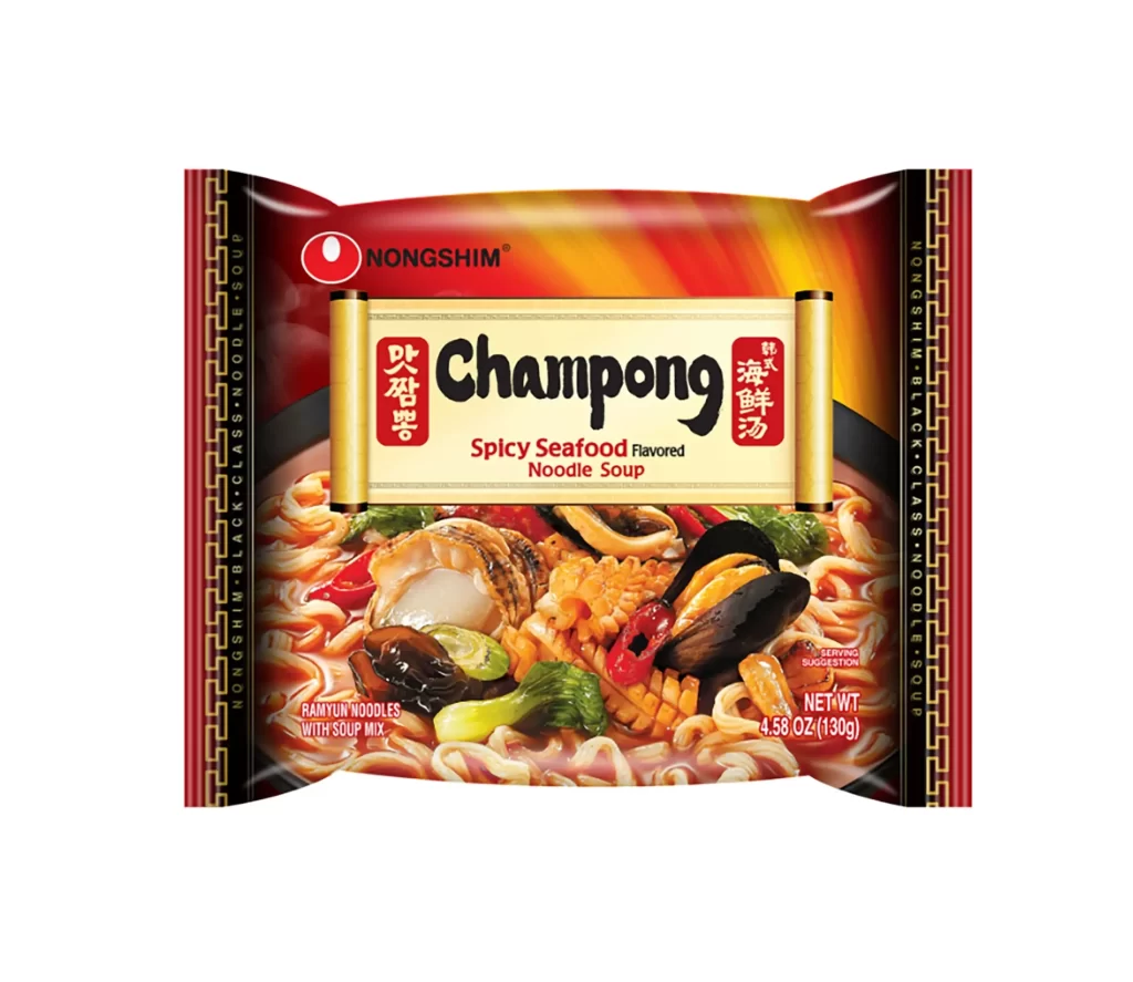Nongshim Champong Spicy Seafood Flavored Red yellow black Noodle Soup Packaging