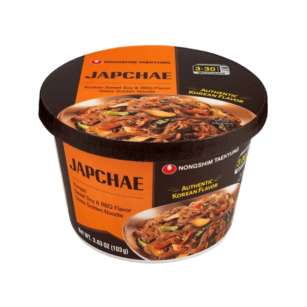 Nongshim Japchae Korean Sweet Soy & BBQ Flavor Glass Golden Noodle orange and blac…