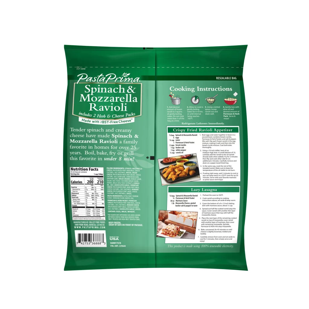 Pasta Prima Spinach & Mozzarella Ravioli green ravioli Packaging