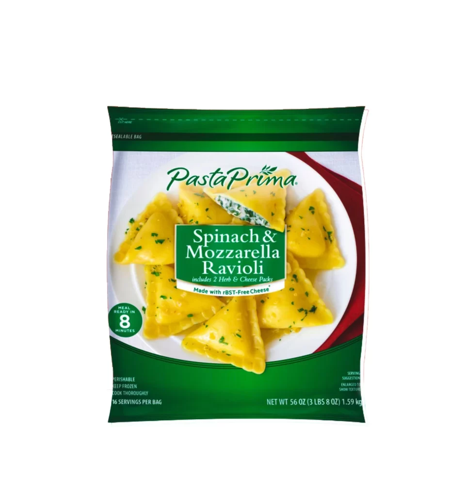 Pasta Prima Spinach & Mozzarella Ravioli yellow ravioli with green spinach filling…