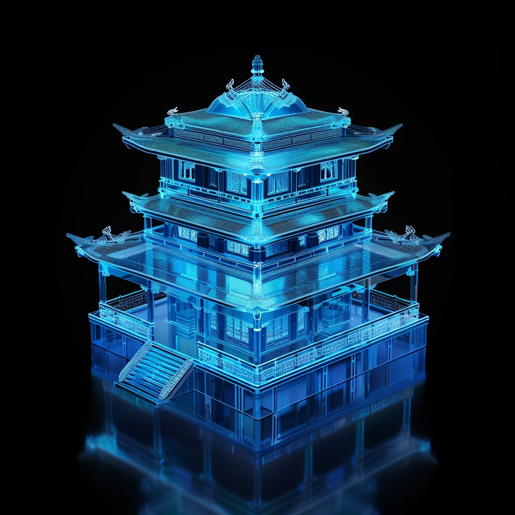 3D ancient structure building blue transparent Chinese