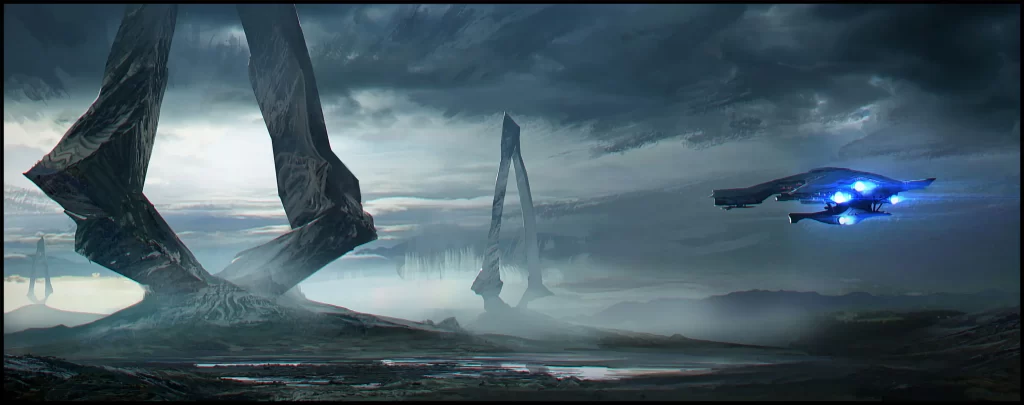 Alien landscape with spacecraft Sci-Fi Art 1080p Wallpaper