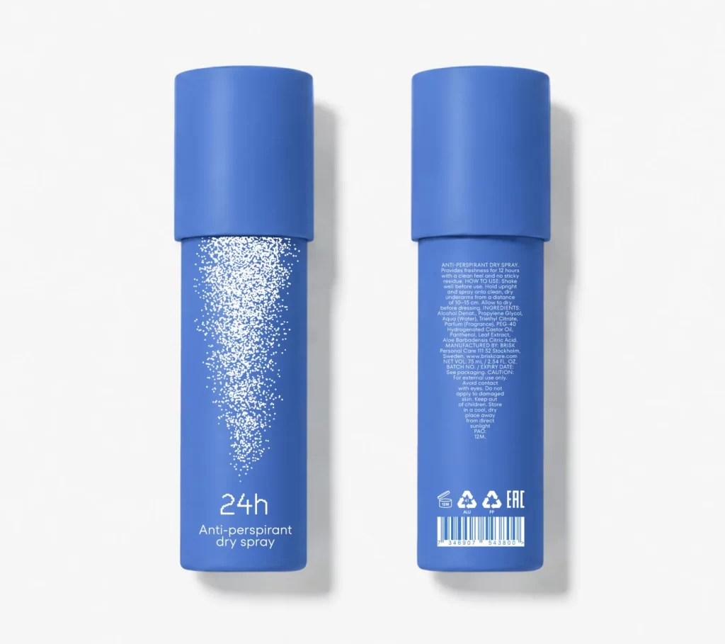 Brisk Anti-perspirant dry spray Cylindrical White Packaging