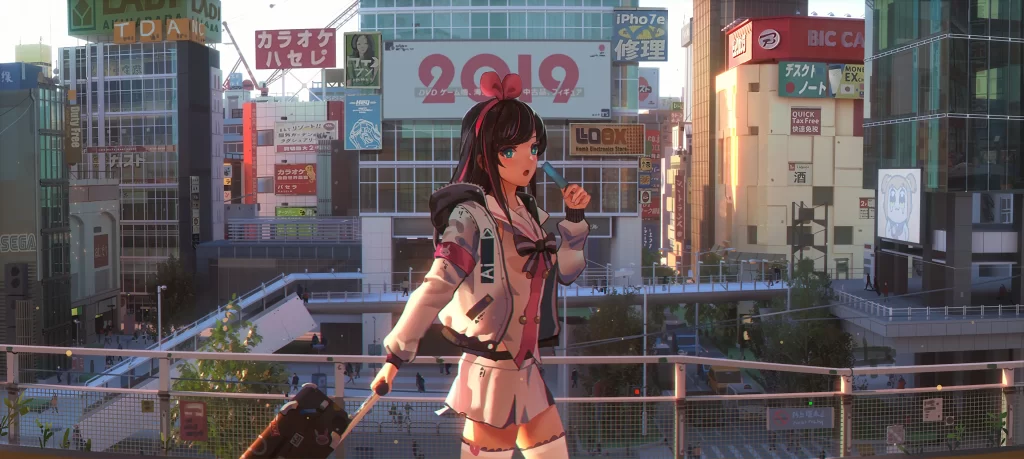 Cityscape with Character Digital Art 1080p Wallpaper