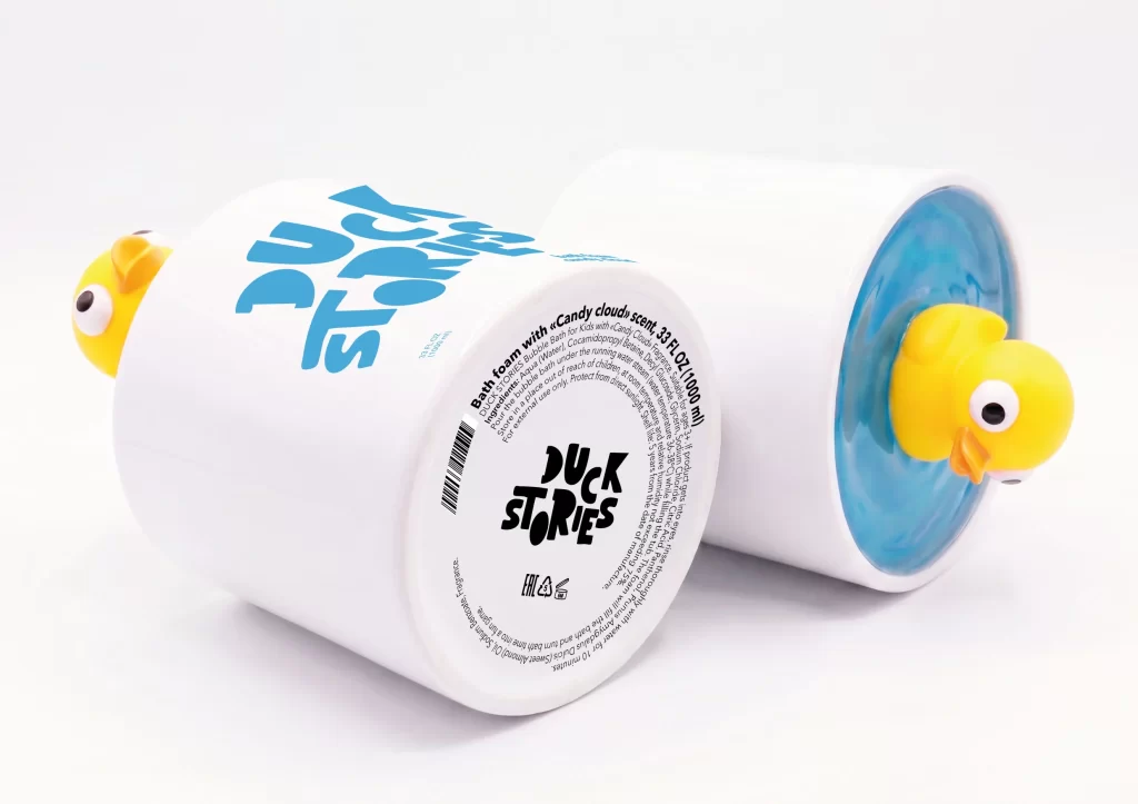 Duck Stories Bath Foam White Cylindrical Yellow Packaging