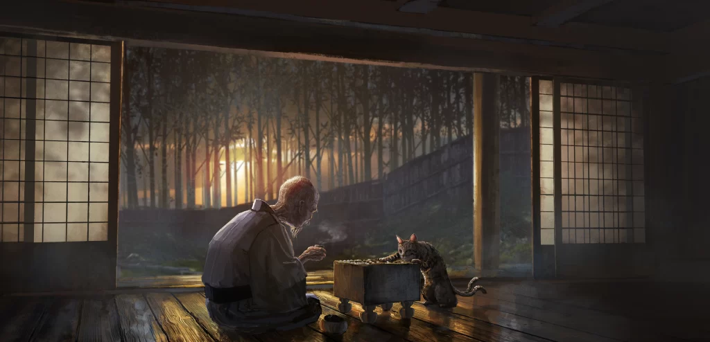 Elderly Man and Cat Digital Art 1080p Wallpaper