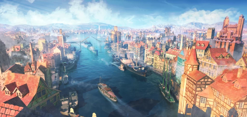 Fantasy Cityscape Art 1080p Blue Red Mountain Wallpaper
