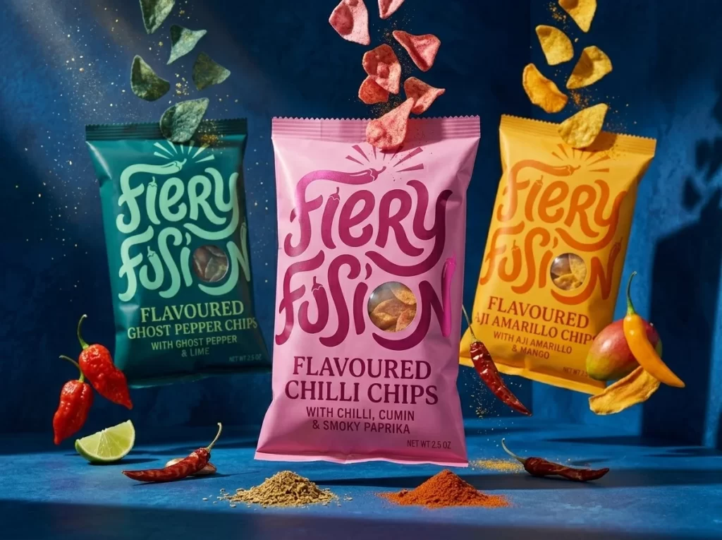 Fiery Fusion Chilli Chips Three Vibrant Packaging