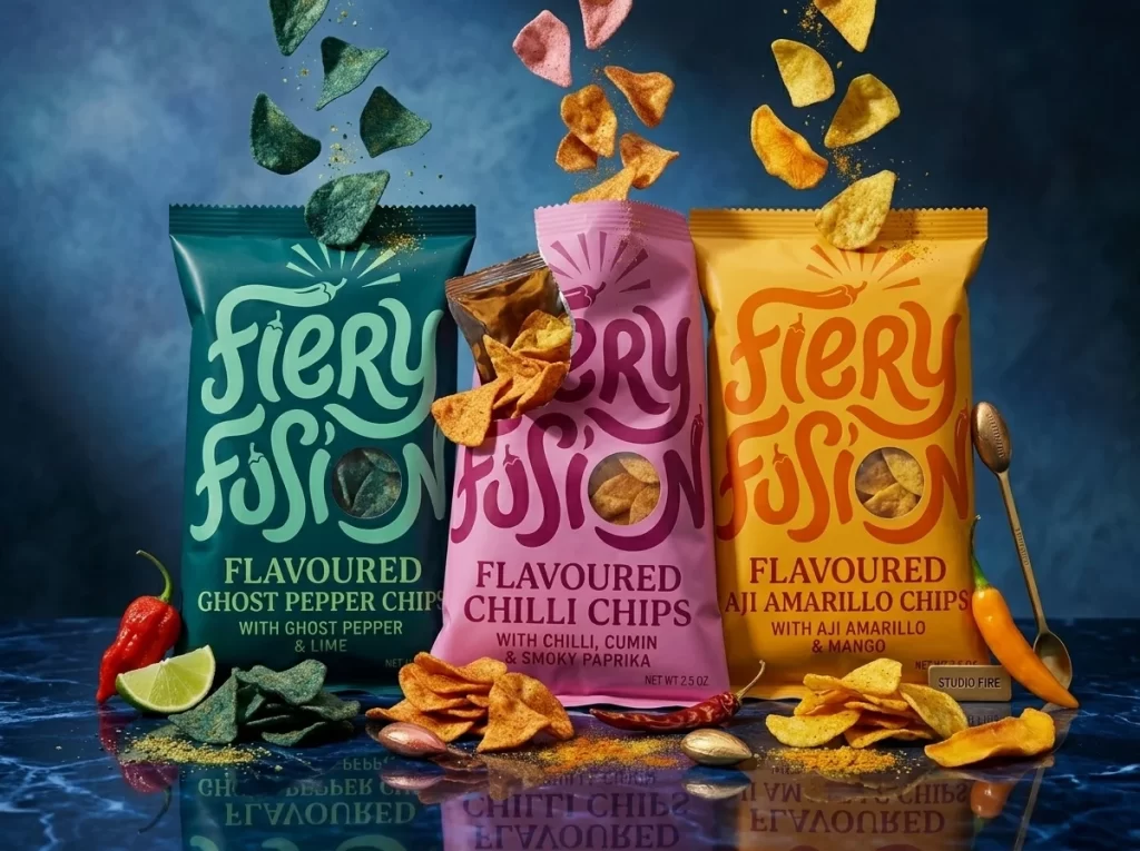 Fiery Fusion Chilli Chips Vibrant Colors Packaging