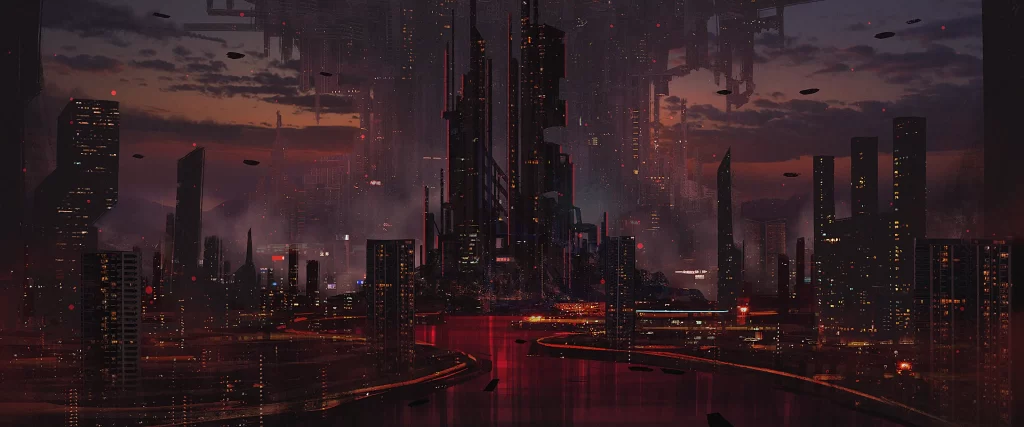 Futuristic Cityscape Sci-Fi Art 1080p Red Orange Space Wallpaper
