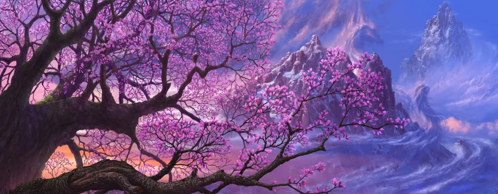Landscape with Blossoming Tree Digital Art 1080p Wallpaper