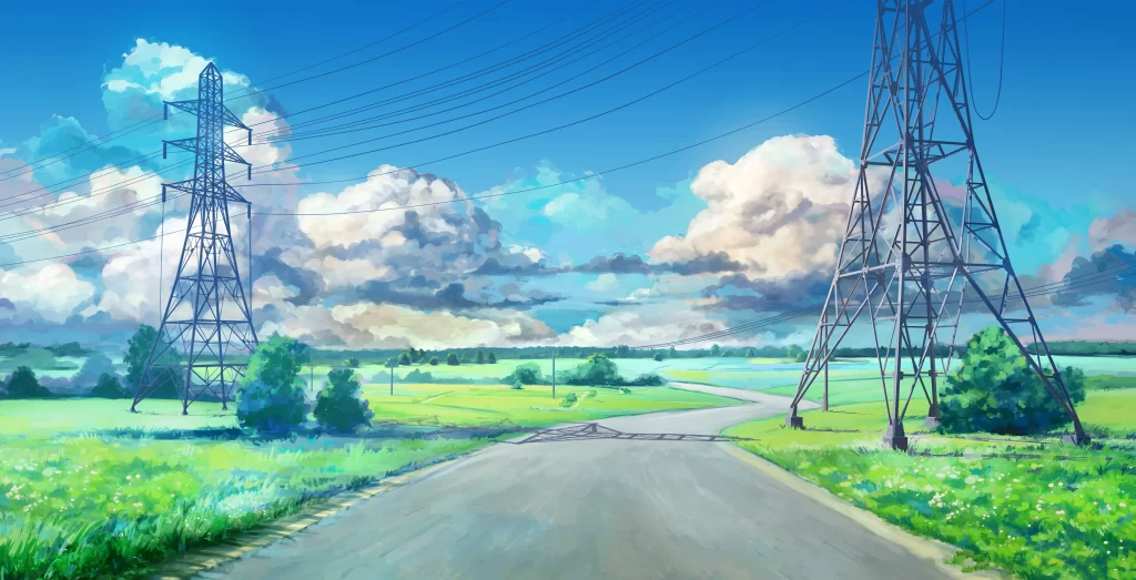 Landscape with Power Lines Digital Art 1080p Wallpaper