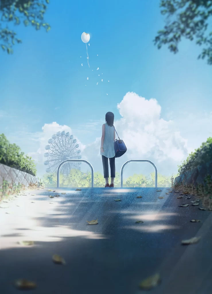 Landscape with a person and balloon Digital Art 2K Wallpaper