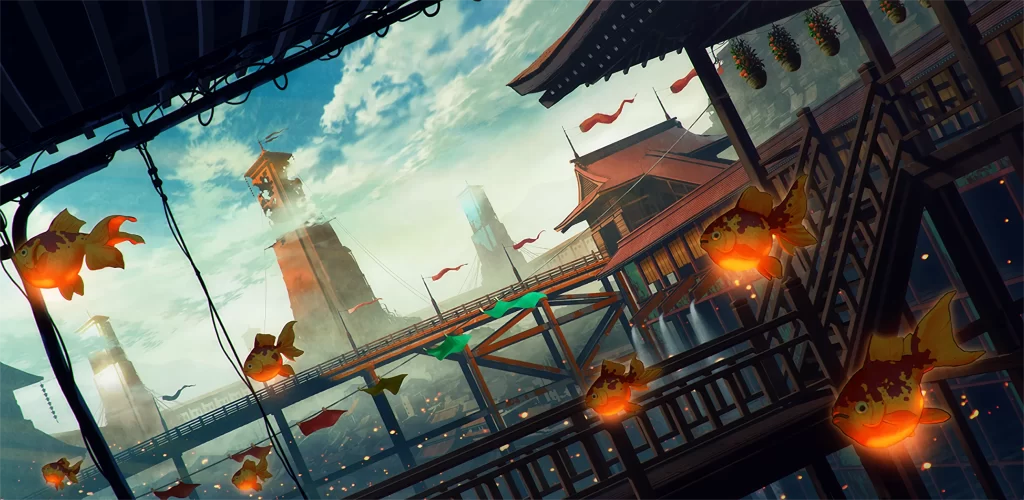 Landscape with floating fish lanterns Digital Art 1080p Wallpaper