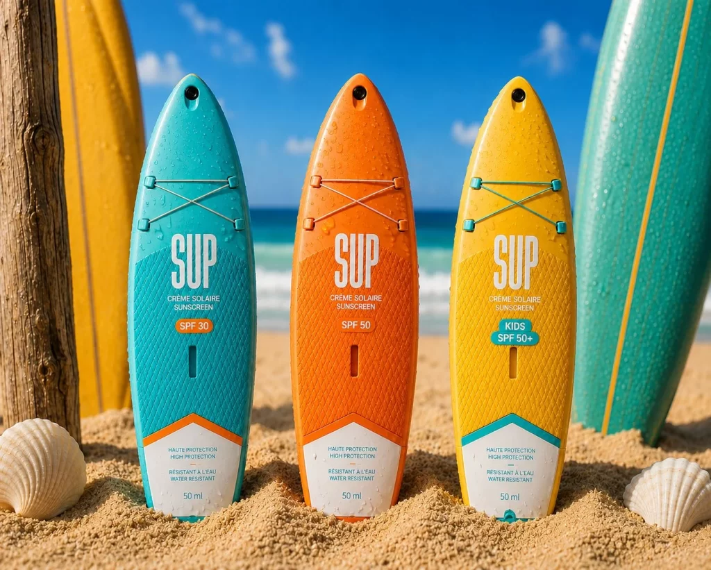 SUP Sunscreen Designed Resemble Surfboards Packaging