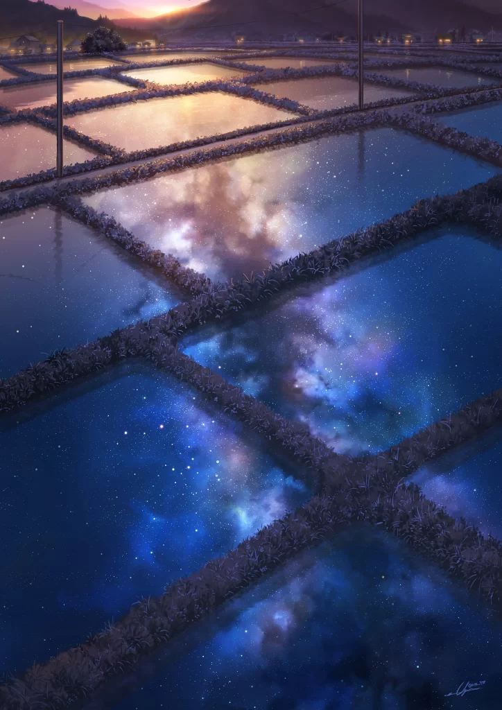 Starry Night Rice Terraces Digital Art 2K Wallpaper