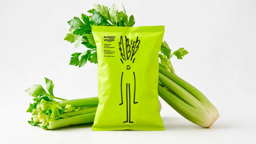 Swaggy Veggie Celery Snacks Bright Green Pouch Packaging
