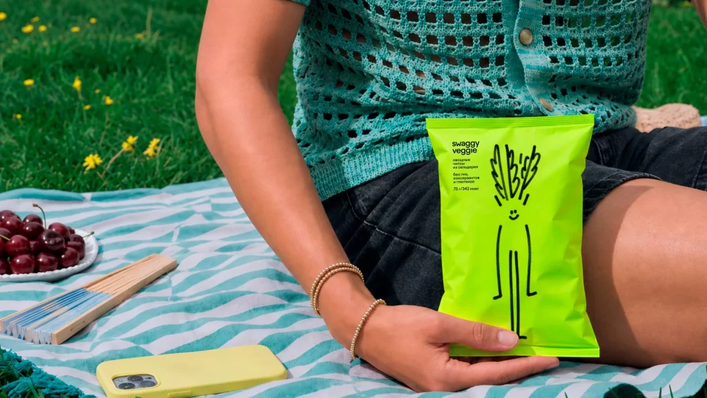 Swaggy Veggie Chips Bright Green Playful Packaging