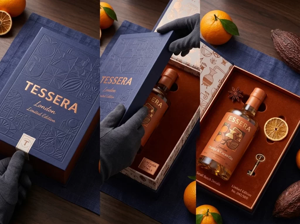 Tessera Orange & Cacao Gin Intricate Patterns Packaging