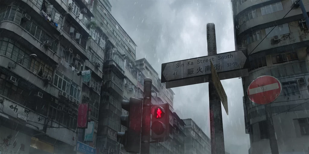 Urban Street Scene Digital Art 1080p Blue Red City Wallpaper