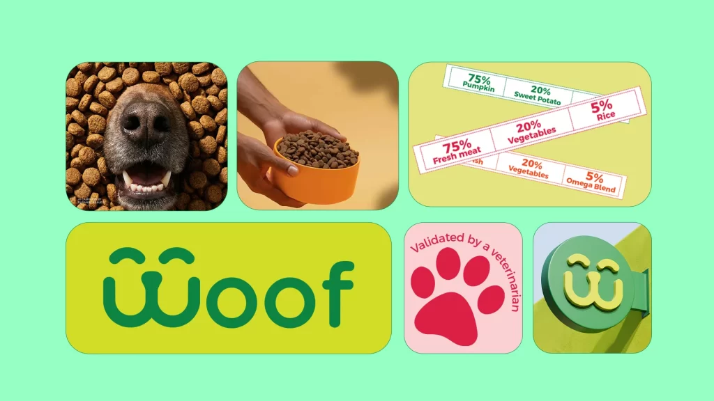 Woof Dog Food Bright Green Packaging