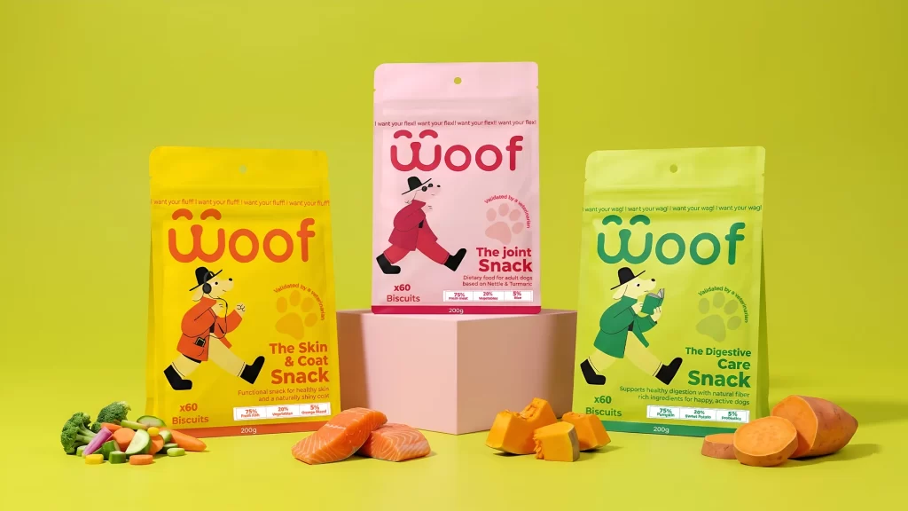 Woof Dog Snacks Three Distinct Colors Packaging