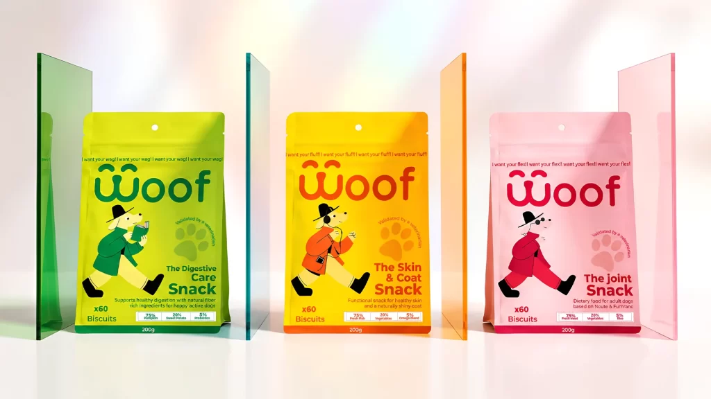 Woof Dog Snacks Three Distinct Packaging