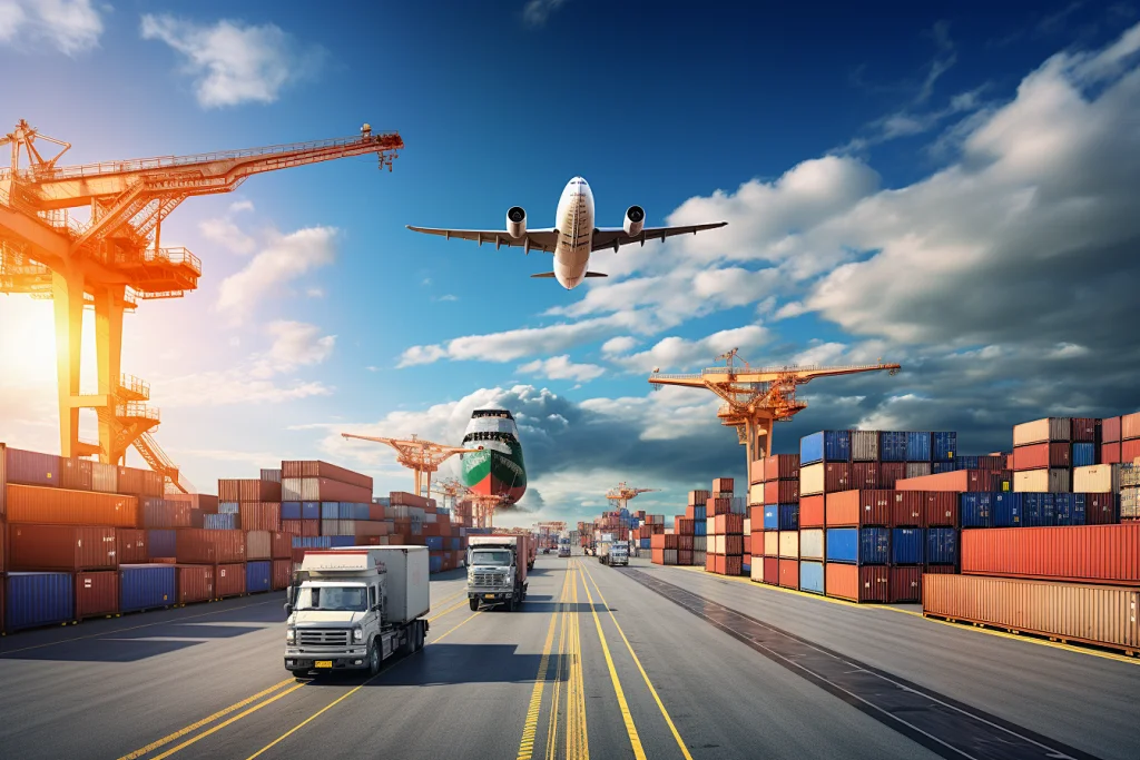 Airplane Cargo Containers Yellow Cranes Blue