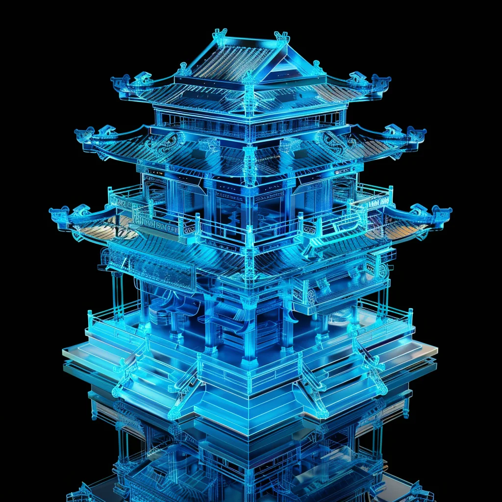 ancient transparent building structure Chinese blue 3D