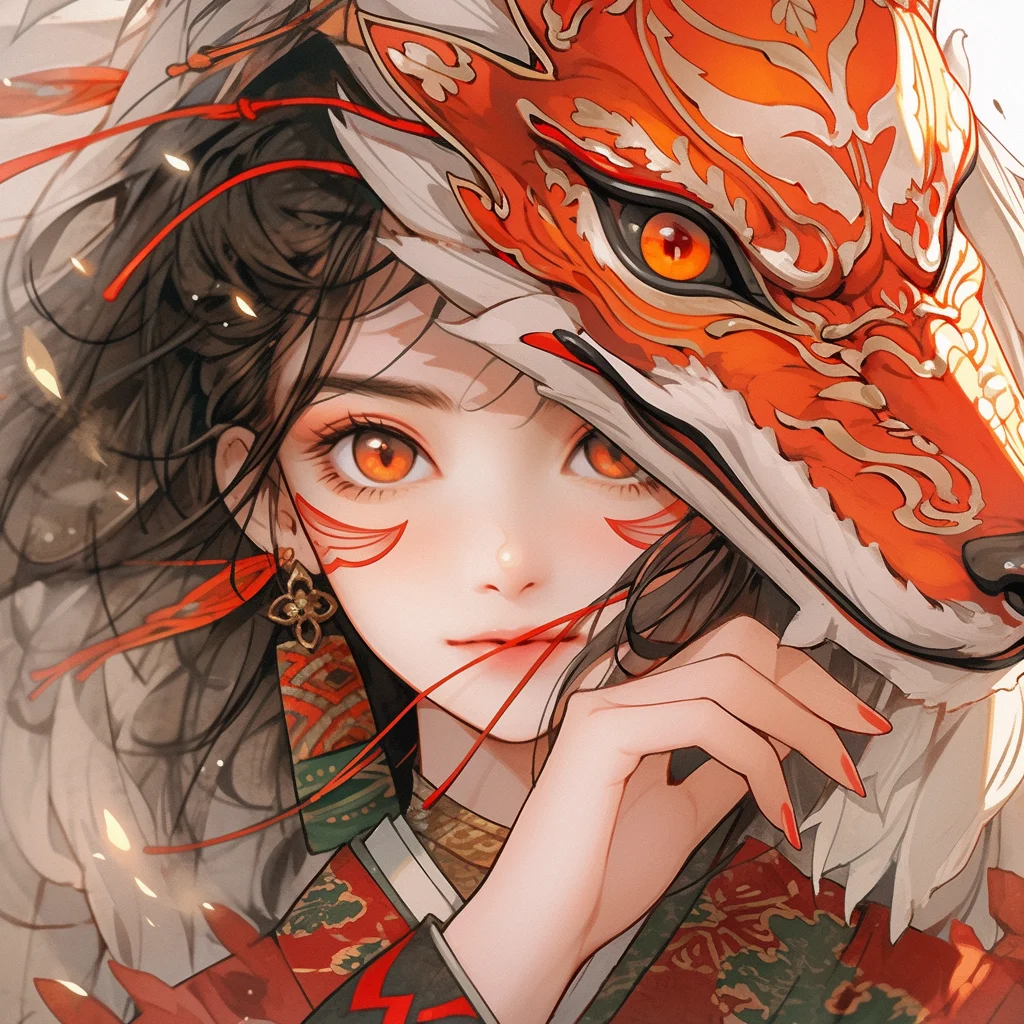 animation lady colorful Japanese mask beautiful portrait girl fox woman face demon cartoon