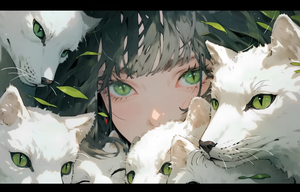 Anime Character Green Eyes White Cats