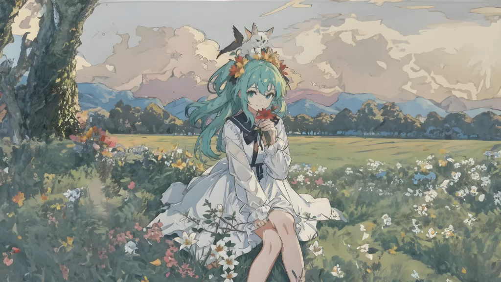 Anime Character Green Hair White Dress