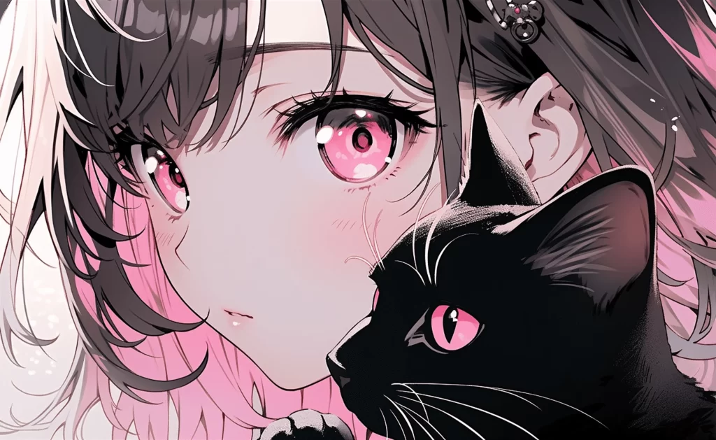Anime Character Pink Eyes Black Cat