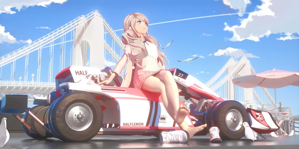 Anime Character Pink White Blue Racing