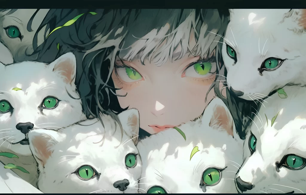 Anime Character White Cats Green Eyes