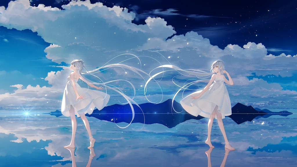 Anime Characters White Dresses Blue Sky