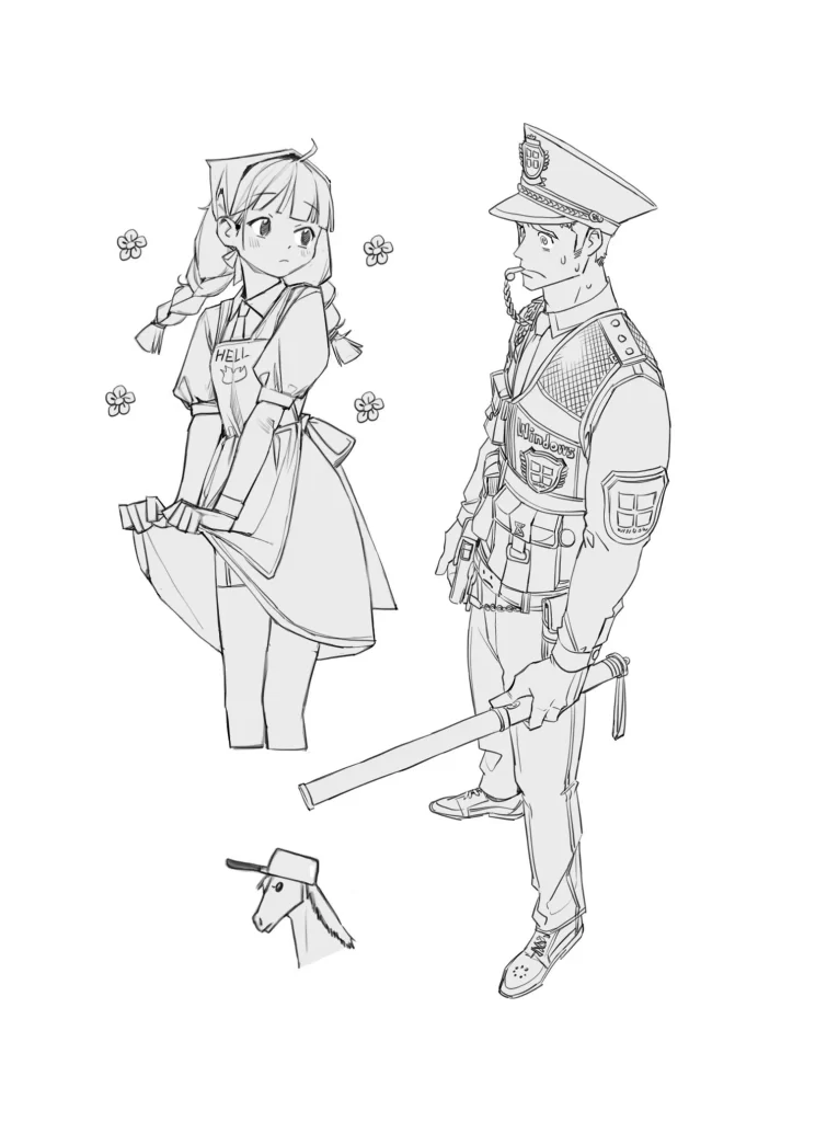 Anime Girl Apron Braids Policeman Uniform