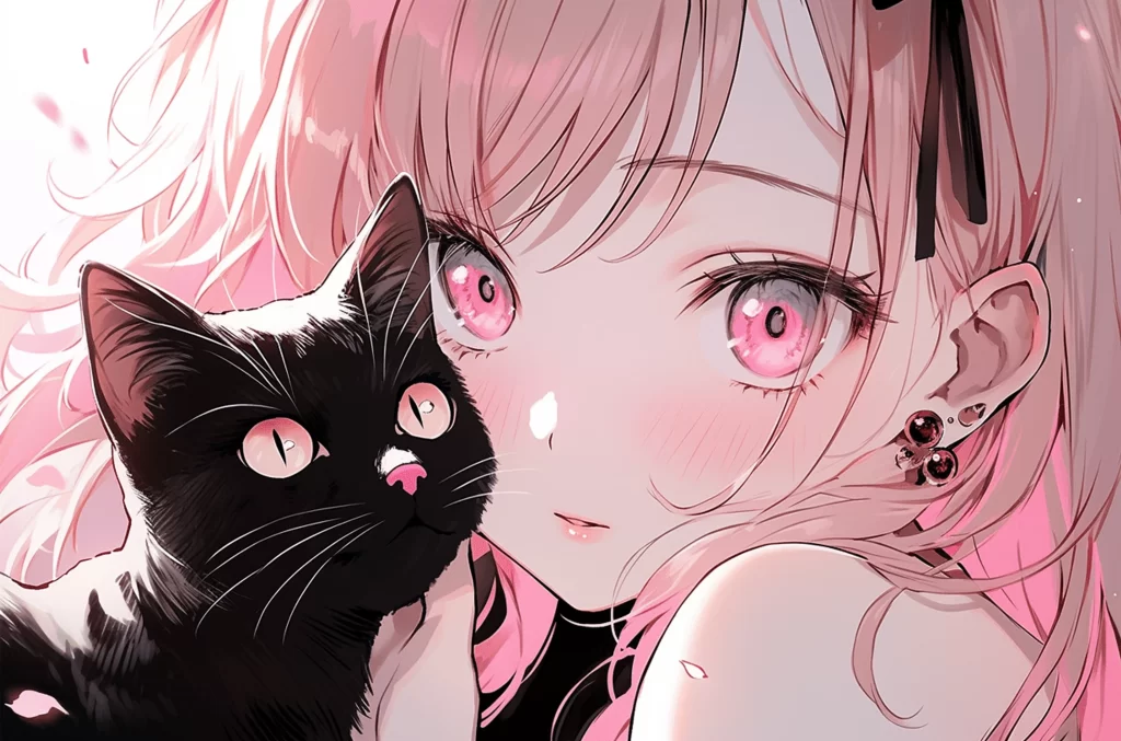 Anime Girl Black Cat Pink White