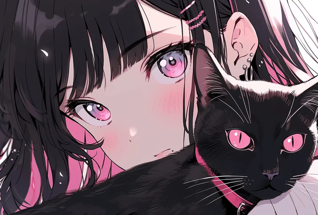 Anime Girl Black Cat Pink Purple