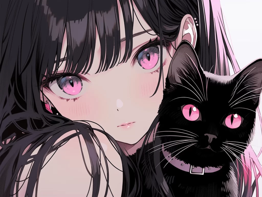 Anime Girl Black Cat Pink Eyes