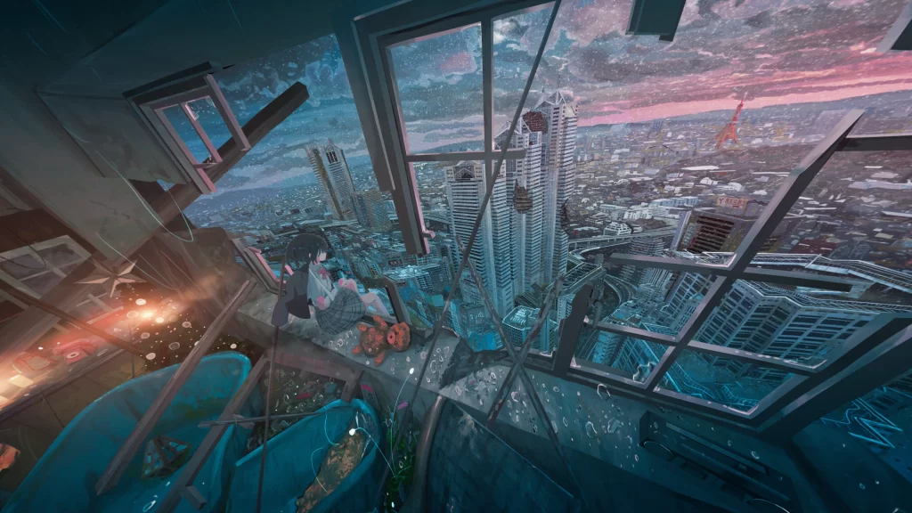 Anime Girl Black Hair Cityscape