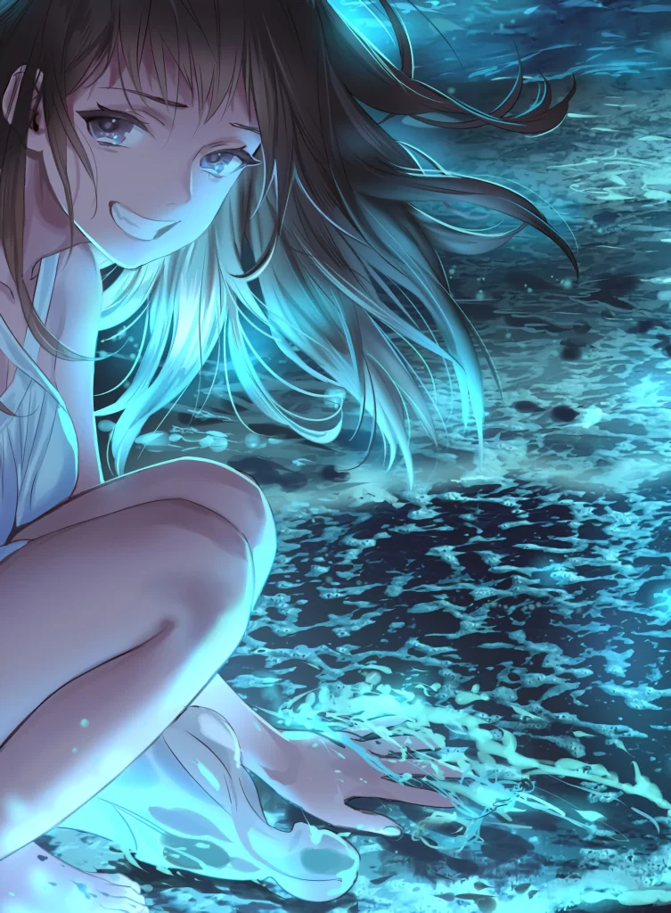 Anime Girl Blue Water Night Reflection